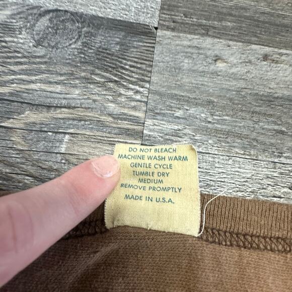 True Vintage 60s 70s Fruit of the Loom 5 Fingers Tan Pink Mens M Ringer T-shirt - Picture 5 of 8